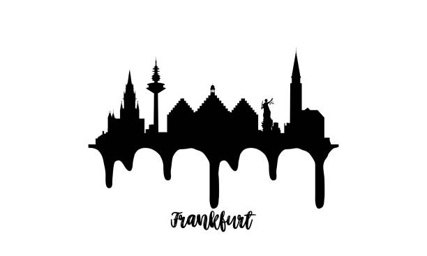 frankfurt deutschland schwarz skyline silhouette vektor-illustration auf weißem hintergrund mit tropfender tinte effekt. - frankfurt stock-grafiken, -clipart, -cartoons und -symbole