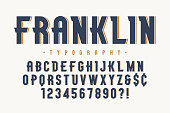 Franklin trendy vintage display font design, alphabet, typeface, letters and numbers, typography. Vector characters