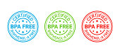BPA free stamp. Non toxic plastic badge, icon. No bisphenol round label, emblem. Bisphenol A and phthalates free seal imprint for eco packaging. Vector illustration.