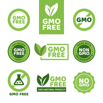 Vector illustration of different green colored GMO free emblems.