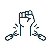 Freedom and Human Rights concept. Broken Shackles with Fist Raised Up Linear Icon. Chain of slavery Damaged. National Freedom Day Juneteenth. Editable stroke. Vector illustration.