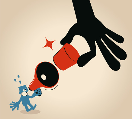 Blue Little Guy Characters Full Length Vector Art Illustration. Freedom of speech, big hand stopping blue man talking with megaphone by a cork. vector