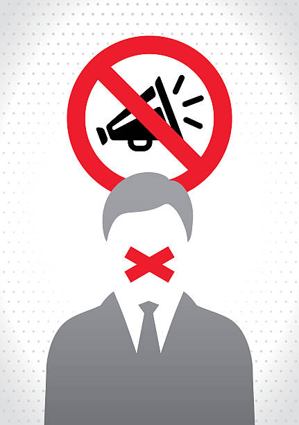 Freedom of speech concept Censored Man with red tape on his mouth. In the back is a traffic like sign banning megaphone use. The man not allowed to talk about something or censored opinion. top secret stock illustrations