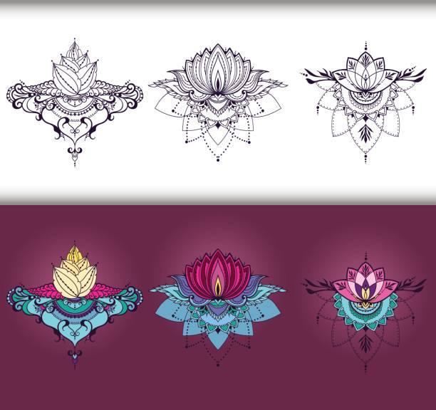 freihandzeichnen von lotusblüten im osten stil - lotusblume tattoo stock-grafiken, -clipart, -cartoons und -symbole