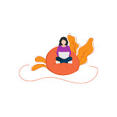 design illustration of a freelance woman working from home with her laptop on a white background