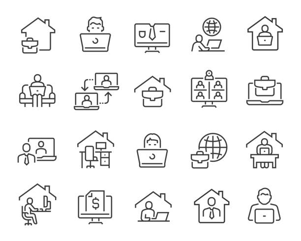 Freelance and Work at Home Icons. Editable vector stroke Freelance and Work at Home Icons Set. Collection of linear simple web icons such as Work from Home, Distant Work, Freelance, Online Video Conferencing, Work Online and more. Editable vector stroke. office symbols stock illustrations