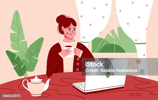 istock Freelance worker woman sitting at laptop trendy flat illustration. 1365122073
