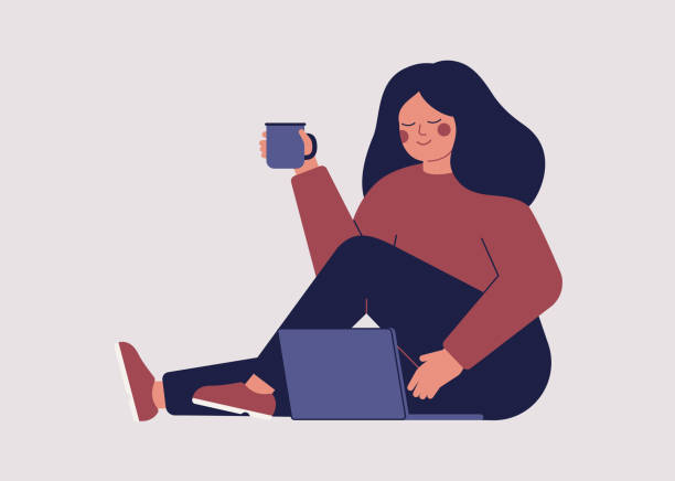 stockillustraties, clipart, cartoons en iconen met freelancer vrouwelijke werknemer werkt in comfortabele omstandigheden thuis. - alleen één jonge vrouw