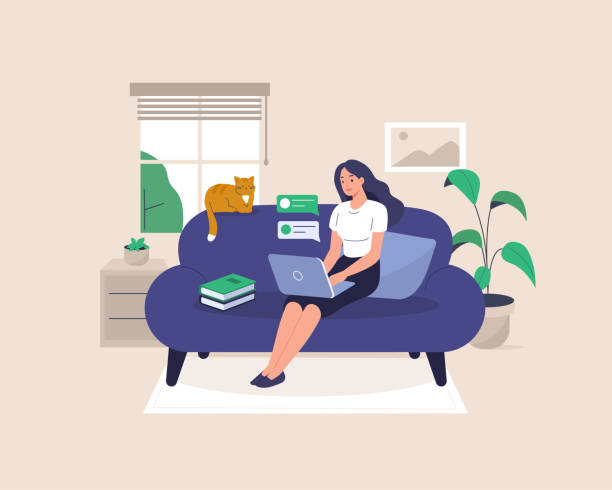 freelancer Freelance Girl Working at Home. Woman Character Sitting on Sofa with Laptop and Cat. Home Office or Coworking Place. Flat Cartoon Vector Illustration. domestic life stock illustrations