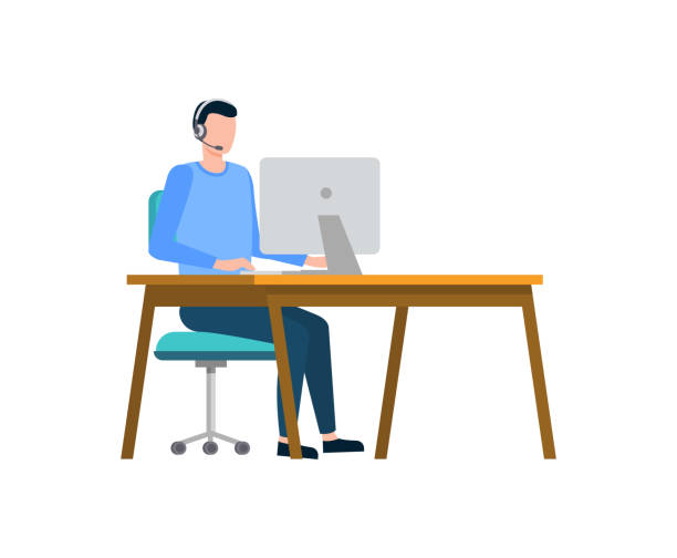 Freelancer Working on Laptop in Office Coder Vector Developer with laptop sitting by table vector, man working on computer wearing headphones, support of clients and customers, male at work flat style typing on laptop stock illustrations
