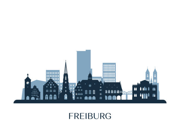 freiburg skyline, monochrome silhouette. vector illustration. - freiburg 幅插畫檔、美工圖案、卡通及圖標