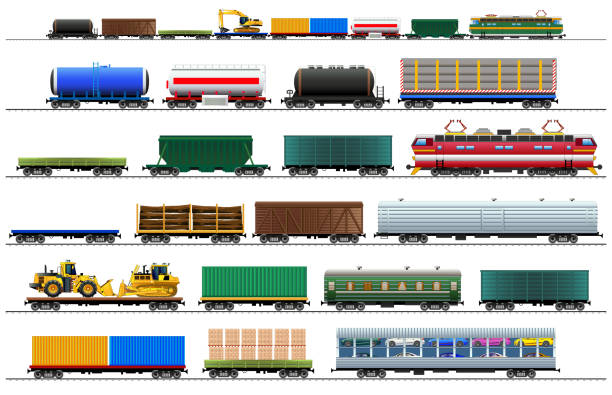 Freight train cars. Railway cargo carriage set with silhouettes. Vector, isolated on white Freight train cars. Railway cargo carriage set. Color vector isolated on white background illustration. Silhouette carriage stock illustrations