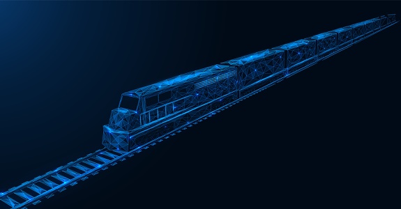 Freight train. Overland cargo delivery. A locomotive running on rails. Polygonal construction of thin lines. Blue background.