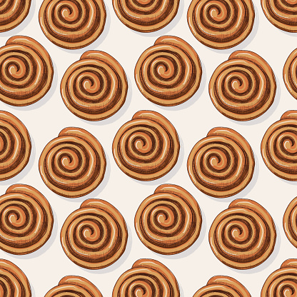 French bun cinnamon seamless pattern in sketch, engraving style. Vector illustration. Bakery food