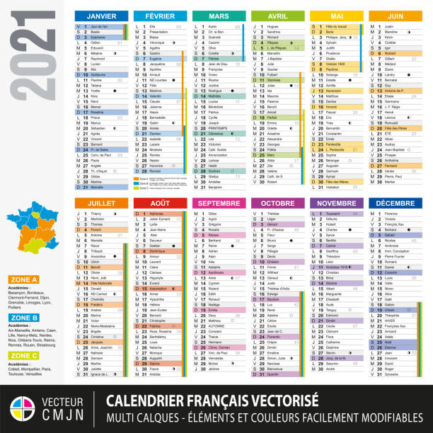 French calendar 2021 French colorful calendar 2021 with school holidays, names of the saints of the day, lunar cycles. Texts 100% vector. Multi layers vector. Elements and colors easy to adapt and customize french language stock illustrations