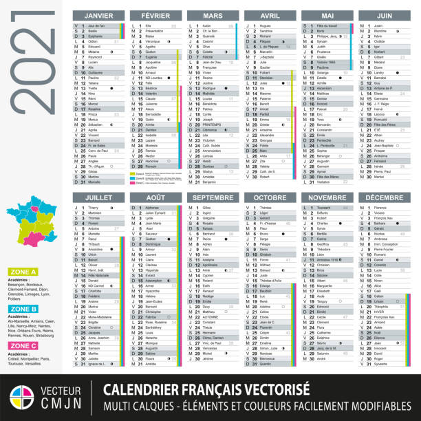French calendar 2021 French grey calendar 2021 with school holidays, names of the saints of the day, lunar cycles. Texts 100% vector. Multi layers vector. Elements and colors easy to adapt and customize french language stock illustrations
