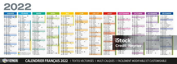 istock French calendar 2022. School holidays, saints of the day, public holidays, lunar cycles. Full colored. Texts 100% vectorized. Multi layers vector. Elements and colors easy to adapt and customize 1336137403