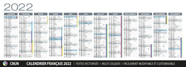French calendar 2022. Traditional version with names of the daily saints, school holidays, moon phases French calendar 2022. School holidays, saints of the day, public holidays, lunar cycles. Multi layers vector. Elements and colours easy to adapt and customize french language stock illustrations