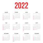 Calendar 2022 - French version (version française). Need another version, another year... Check my portfolio. Vector Illustration (EPS10, well layered and grouped). Easy to edit, manipulate, resize or colorize. Vector and Jpeg file of different sizes.