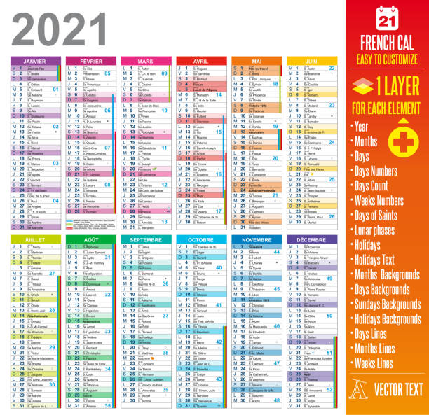 2021 French Calendar Template - Easy to customize 2021 french calendar template easy to customize : One layer for each element. french language stock illustrations