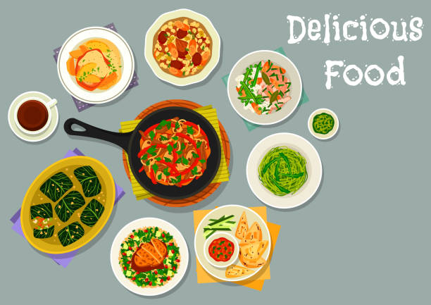 French cuisine meat dishes icon for menu design French cuisine meat dishes icon with vegetable rabbit stew, beef stew with veggies and bean, chicken with salad, beef mushroom stir fry, baked pork with apple, carrot dip with toast, cabbage roll healthy dinner stock illustrations