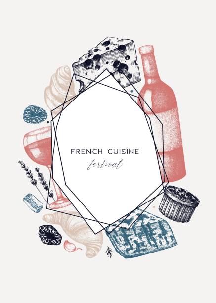 French cuisine menu design. French cuisine menu design. Hand drawn vector food and drink festival dishes illustrations. Vintage style french food and beverages restaurant menu template. Abstract background cheese borders stock illustrations