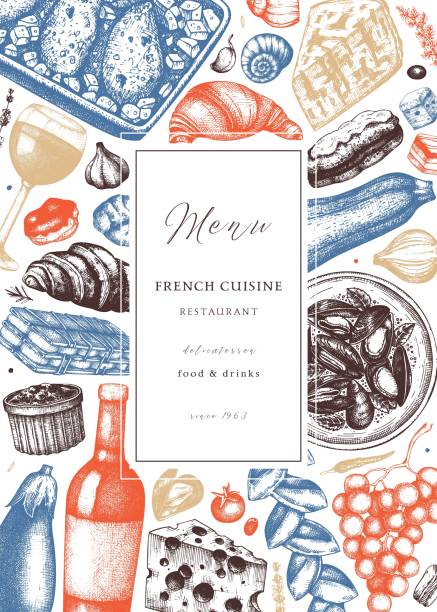 French cuisine menu design Hand sketched french cuisine picnic flyer template. Delicatessen food and drinks trendy background. Perfect for recipe, menu, label, icon, packaging. Vintage french food and beverages template. Restaurant illustration cheese borders stock illustrations