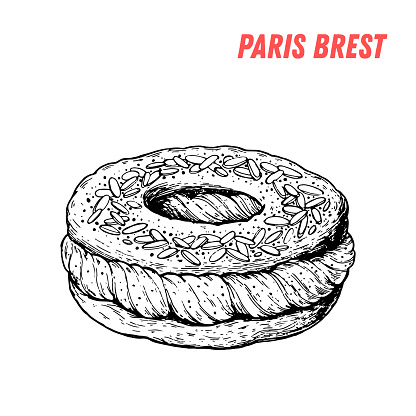 French dessert paris brest sketch. French pastries . Food menu design template. Hand drawn sketch vector illustration.