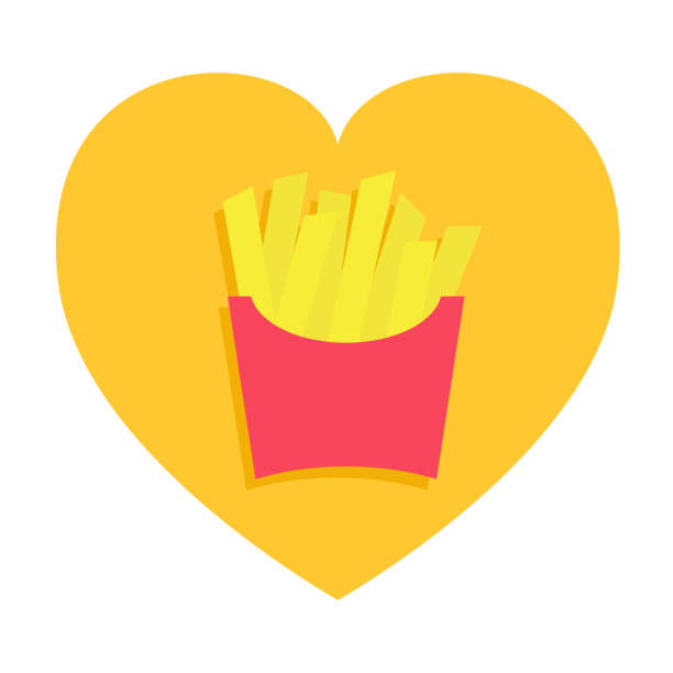 French fries potato in a paper wrapper box icon. Fried potatoes. Fast food menu. Heart shape. I love eating. Flat design. Yellow background. Isolated. French fries potato in a paper wrapper box icon. Fried potatoes. Fast food menu. Heart shape. I love eating. Flat design. Yellow background. Isolated. Vector illustration burger wrapped in paper stock illustrations