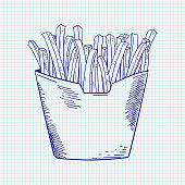 French fries. Takeaway fast food. Hand drawn sketch. Vector illustration