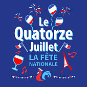 Celebrating Bastille Day, the national day of France, on 14th July with elements of French flag, rooster, wine, Eiffel Tower, balloons, musical note, bunting and fireworks on the blue background