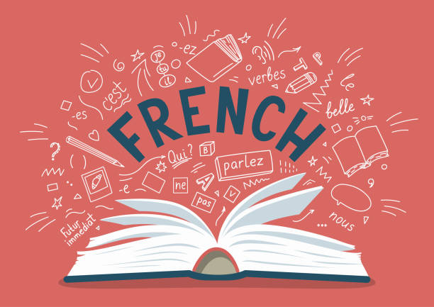 French. Open book with language hand drawn doodles and lettering French. Open book with language hand drawn doodles and lettering. Language education vector illustration. french language stock illustrations