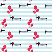 French style dog holding balloons seamless pattern on striped background. Cute cartoon parisian dachshund vector illustration. French style dressed dog with beret and striped frock.