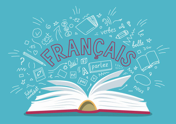 French Francais. Translate: "French". Open book with language hand drawn doodles and lettering. Language education vector illustration. french language stock illustrations