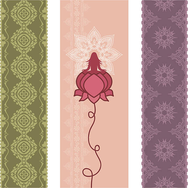 Fresh Air Lotus Banners A collection of delicate floral banners - one with a woman practicing yoga in a lotus flower, surrounded by a mandala. (Includes .jpg) yoga borders stock illustrations