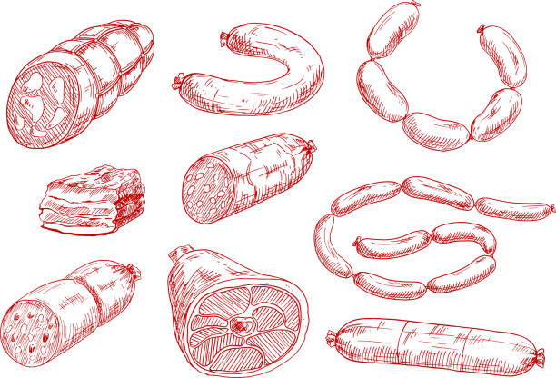 Fresh and tasty meat products red sketch icons Vintage sketches of smoked sausages, stick of salami, dry cured ham, baked meatloaf, frankfurters and spicy pepperoni. Use for butcher shop, livestock farm or recipe book design meatloaf stock illustrations