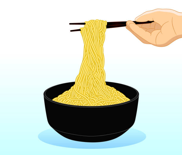 Fresh bowl of Chinese, Ramen noodles on chopsticks in hand Fresh delicious bowl of Asian Chinese and Japanese Ramen noodles on chopsticks in hand against white background. Vector illustration pasta clipart stock illustrations