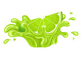Fresh bright cut slice lime juice splash burst isolated on white background. Summer fruit juice. Cartoon style. Vector illustration for any design.