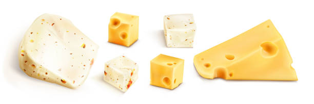 Fresh cheese blocks with spices Fresh cheese blocks and triangle pieces isolated on white background. Vector realistic set of white soft cheese chunks with spices, red pieces of tomato and peppers parmesan cheese illustrations stock illustrations