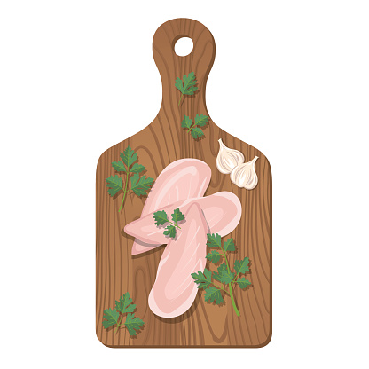 Fresh Chicken Breasts On A Cutting Board On White Background. vector