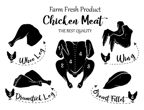 Fresh chicken meat. Farm Fresh product.  Chicken, leg, thigh, wing.  Isolated black silhouette . Vector illustration vector