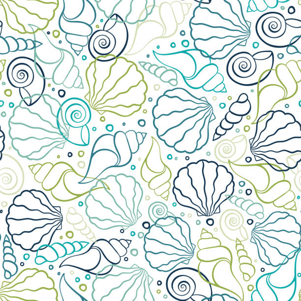 Fresh colorful seamless pattern with various shells, clams and snails - vibrant under water background, great for ocean themes, beach fabrics, summer textiles or background, wallpapers - vector Fresh colorful seamless pattern with various shells, clams and snails - vibrant under water background, great for ocean themes, beach fabrics, summer textiles or background, wallpapers - vector beach patterns stock illustrations