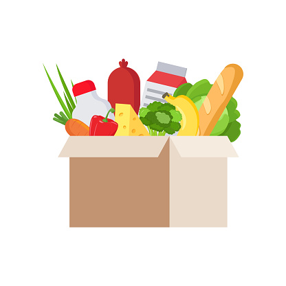 Fresh food in cardboard box, isolated, white background