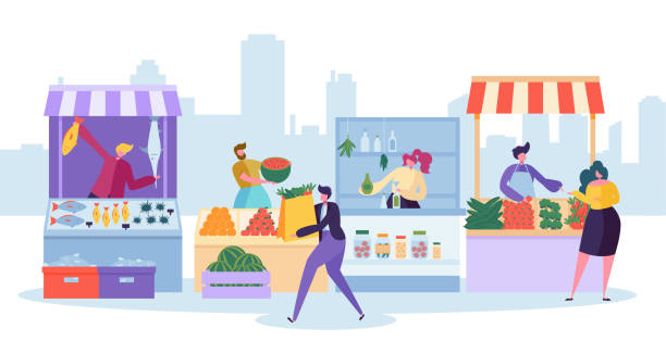 Fresh Food Market Stand. Organic Local Farm Store. Man Customer Character Buy Grocery and Fish in Small Eco Shop. Healthy Goods Supermarket Shelf Concept Flat Cartoon Vector Illustration Fresh Food Market Stand. Organic Local Farm Store. Man Customer Character Buy Grocery and Fish in Small Eco Shop. Healthy Goods Supermarket Shelf Concept Flat Cartoon Vector Illustration small business stock illustrations