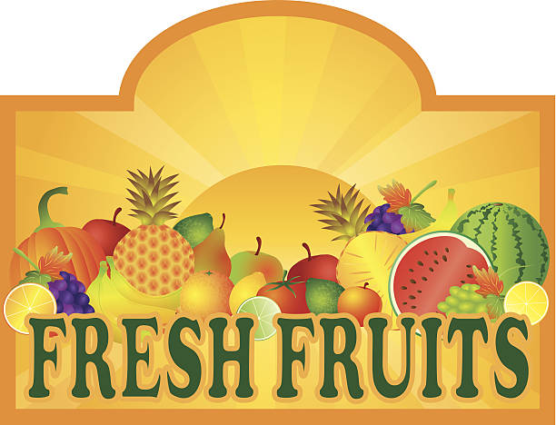 bildbanksillustrationer, clip art samt tecknat material och ikoner med fresh fruits stand signage with sun vector illustration - squash sun