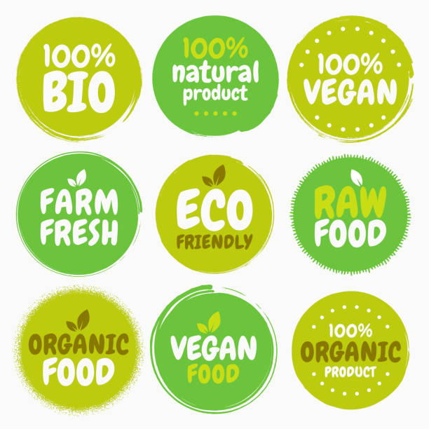 ilustrações de stock, clip art, desenhos animados e ícones de fresh healthy organic vegan food logo labels and tags. vector hand drawn illustration. vegetarian eco green concept - emblem food label