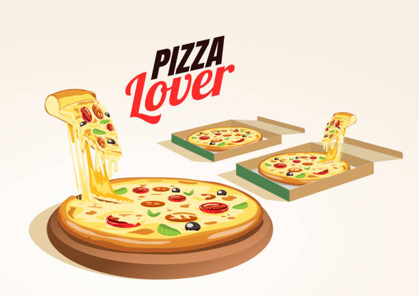 illustrazioni stock, clip art, cartoni animati e icone di tendenza di fresco caldo deliziosa scatola di consegna della pizza. cibo vettoriale. - mozzarella
