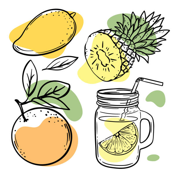 stockillustraties, clipart, cartoons en iconen met multi-fruit smoothies vers sap vector illustratie set - vegan keto