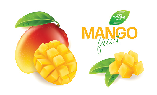 Fresh mango with slices and leaves Vector illustration