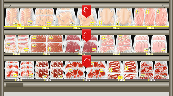 Fresh meat packed in trays on the counter of the butcher store. Frozen and chilled pork, beef and chicken. Vector illustration.